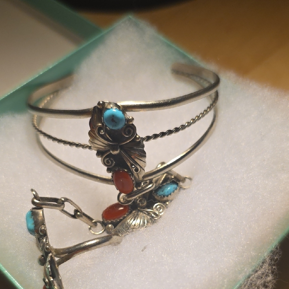 Sterling-Style Hand Chain Bracelet with Turquoise Blue and Coral Red Stones - Picture 9 of 9